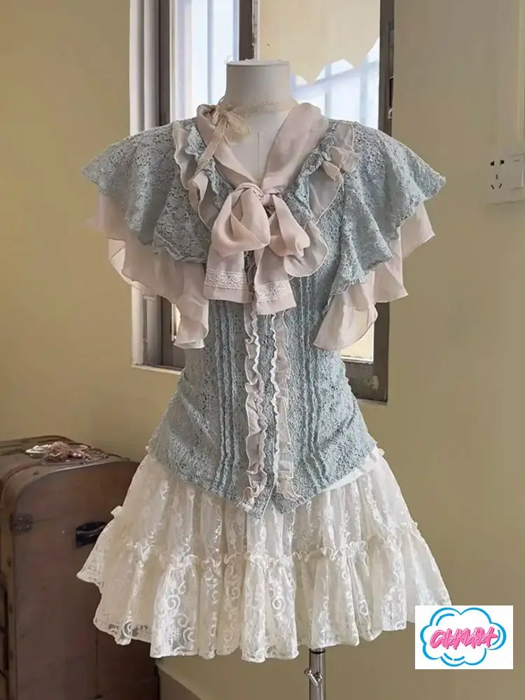 

Лето 2029, французская рубашка, повседневная ленивая стильная кружевная рубашка премиум-класса в стиле Лолиты, элегантный темпераментный топ, милая милая юбка, комплект из двух предметов