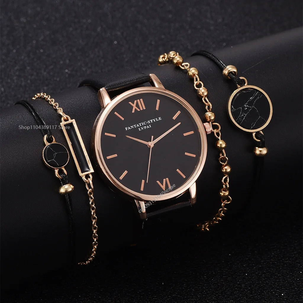 5/1pcs Quartz Watch Set Ladies Elegant Bracelet Quartz Wristwatch Women Leather Quartz Watches Bracelet Set Clock Gift