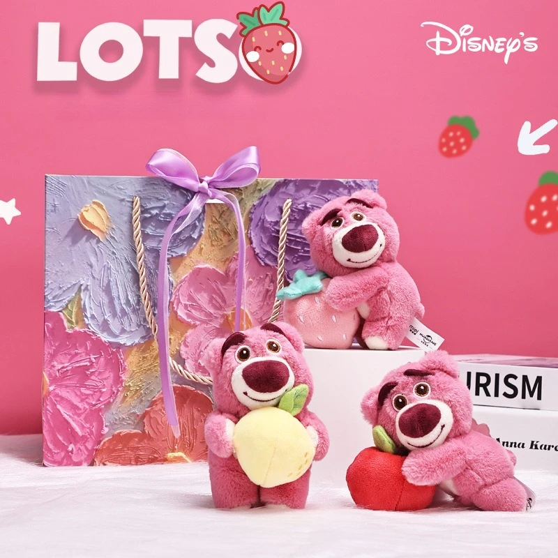 Miniso 정품 디즈니 딸기 곰 플러시 키 체인 인형 학교 가방 펜던트 선물 플러시 펜던트에 대한 학교 가방 펜던트