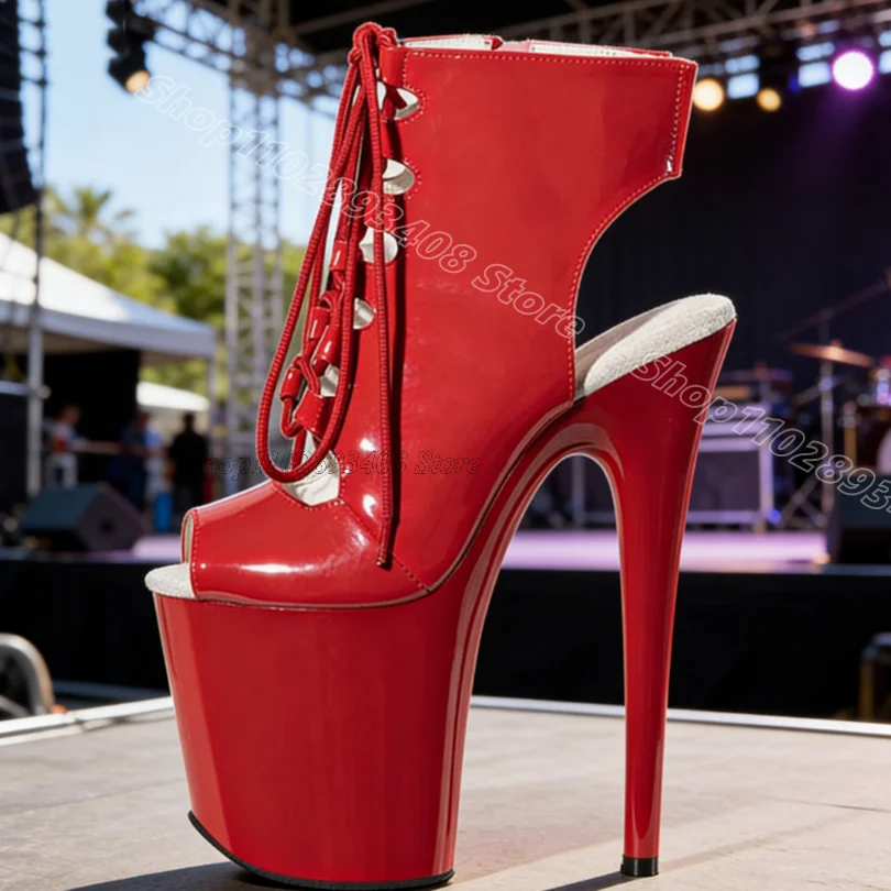 Red Lace up Slingback Sandals Stiletto Peep Toe Zip Performance Patent Leather Women Party Dancing Sandals Zapatos Para Mujere