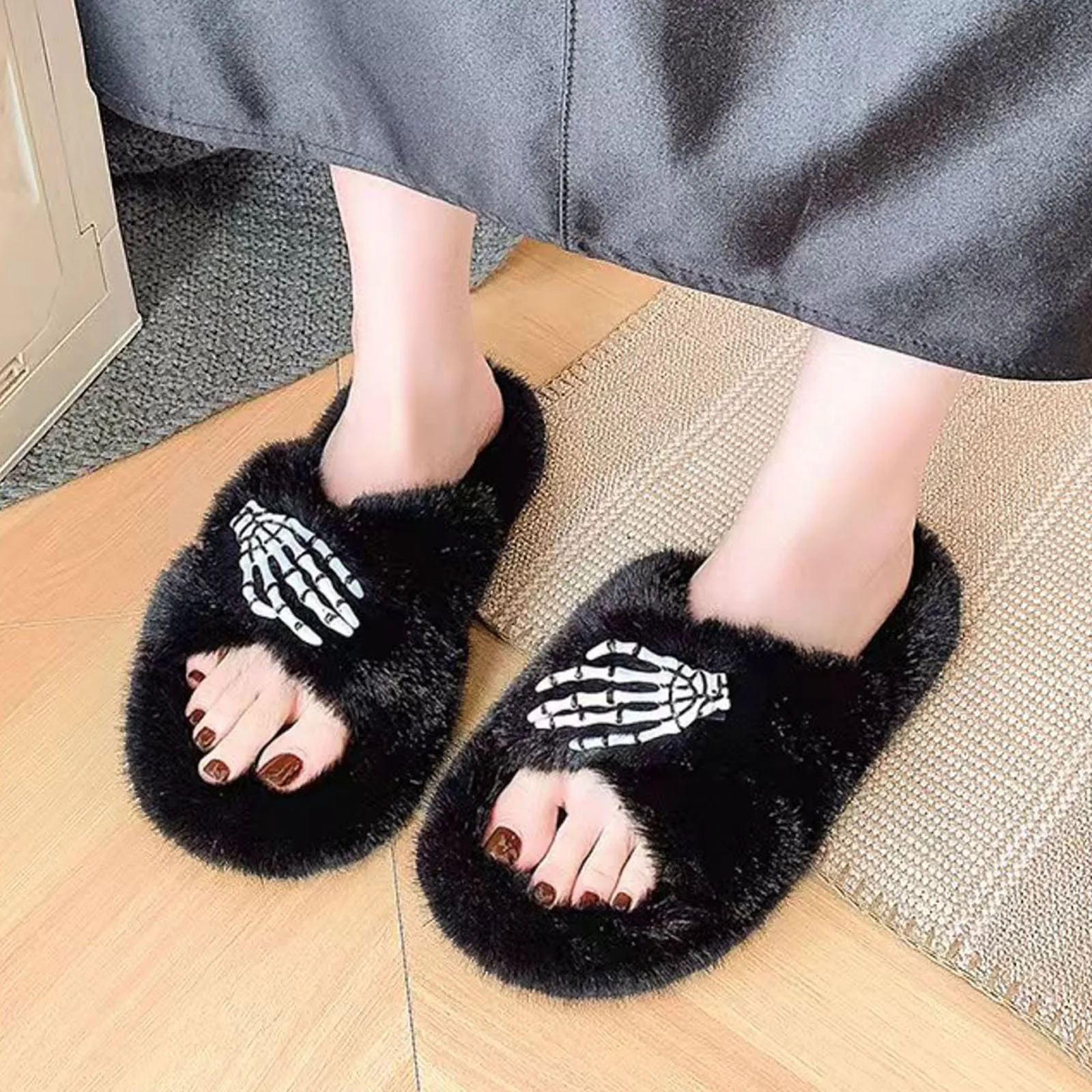 Skull Toe Pattern Personality Dark Style Embroidery stuffed Home Platform Cozy Fur Cotton Slippers Warm Non-slip Indoor Slippers