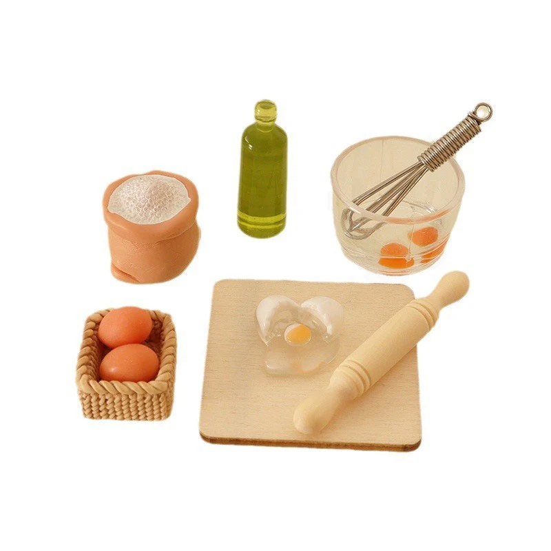 Juego de tazón de huevo en miniatura para casa de muñecas, batidor de huevos, tabla para picar, Pin rodante, bolsa de harina, modelo de cocina, juguete de decoración, 1 Juego, 1:12