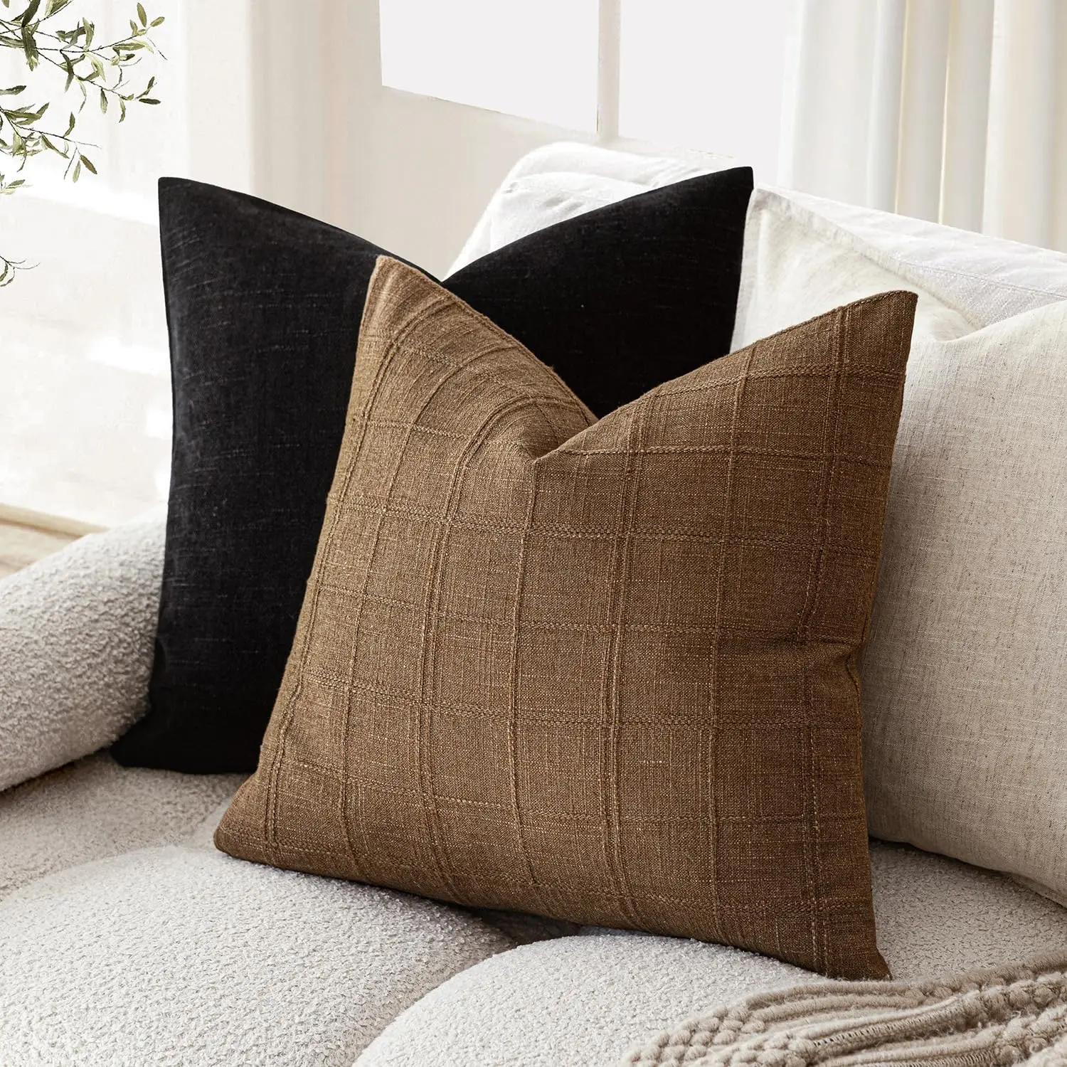 

Set of 2 Decorative Linen Check Throw Pillow Covers Neutral Farmhouse Vintage Cushion Covers Modern Boho Home Decor for Couch