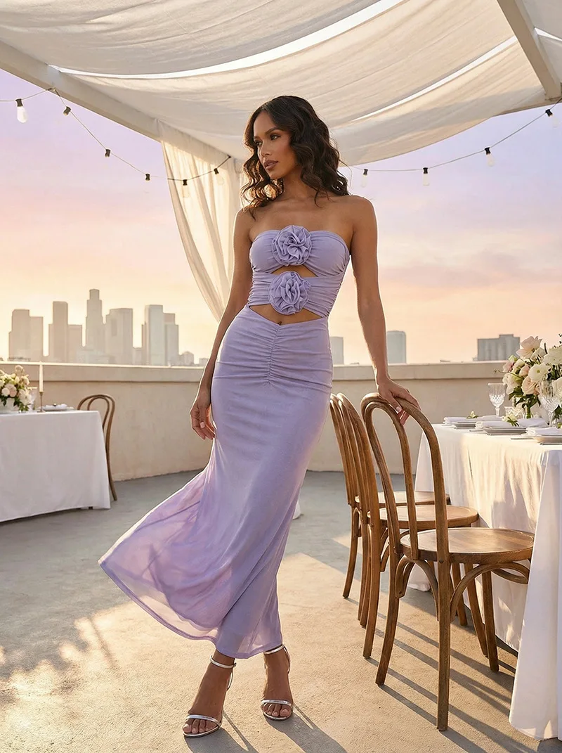 فستان نسائي جديد مثير بدون حمالات لعام 2026 فستان صيفي فضفاض بأشرطة شبكية أرجوانية فستان أنيق للحفلات المسائية والنوادي