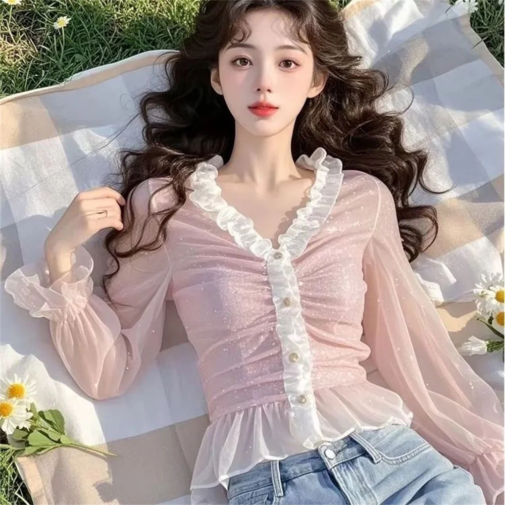 

2025 Fashion Sweet Shirts Ruffles Patchwork Pleated Crop Tops Flare Sleeve Blouses Spring Summer Female Slim Women New Clothing