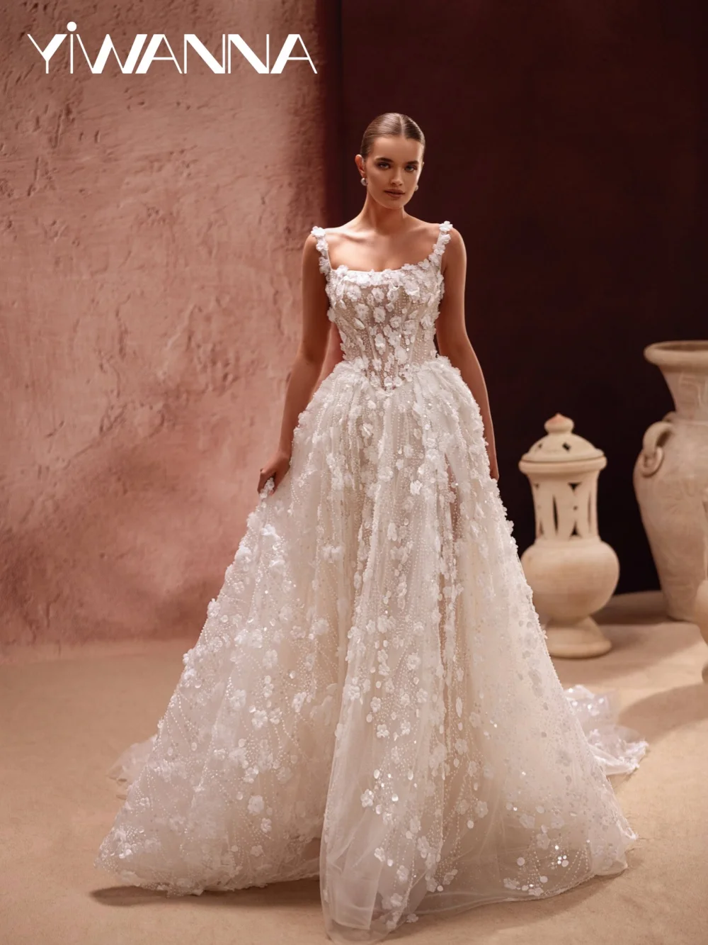 Gorgeous 3D Floral Long Wedding Dress Dazzling Beaded A-line Tulle Bridal Gown Customized Dreamy Square Neck Dresses For Bride
