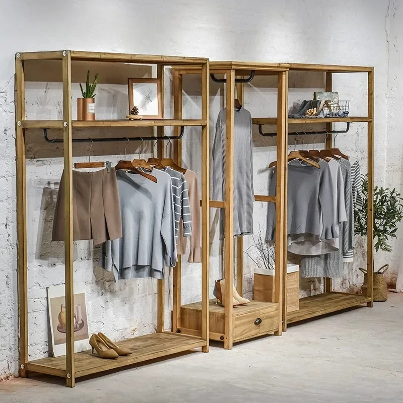 #Retro clothing store decoration solid wood double-layer display rack floor-to-ceiling wooden display rack clothes rack Zhongdao