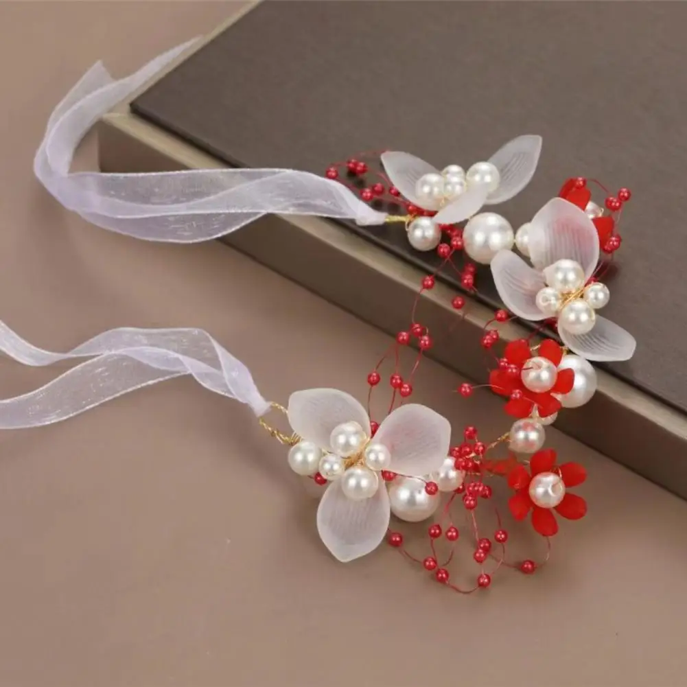 Flower Headband Floral Headband Adjustable Faux Pearl Flower Hairband for Girls Princess Style Wedding Headband with Anti-slip