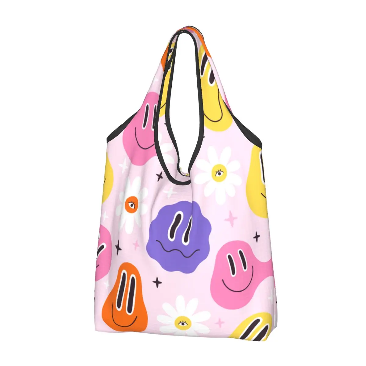 Reusable Trippy Melted Face Meme And Flowers Shopping Bag for Groceries Foldable Grocery Bags Washable Large Tote Bags