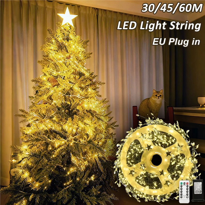

30/45/60M Christmas Tree Ornamental LED String Lights Warm Light EU Plug IP44 Waterproof Garden Plant Branch Fairy Light Strings