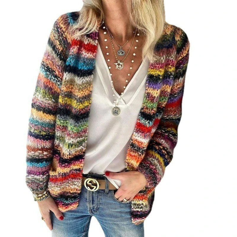 

Cardigan Women Striped Knit Sweaters Coat Splice Full Sleeve Casual Open Stitch Jumpers Elegant Office Lady Regular 2025