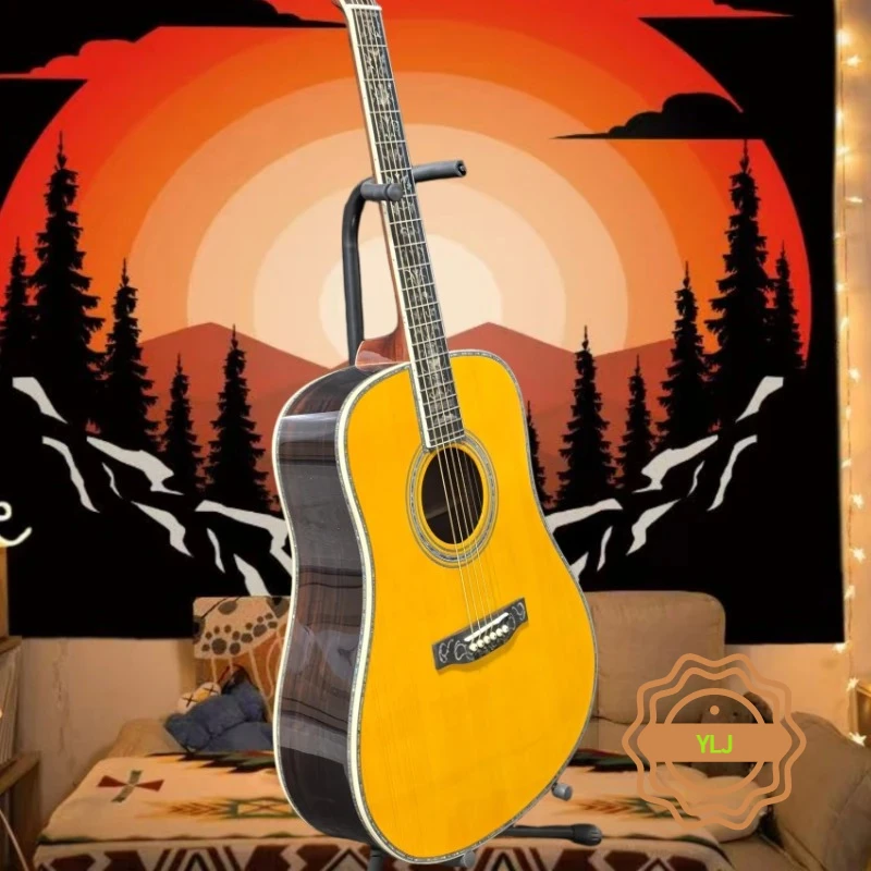Hot sale Yellow D45 Acoustic Guitar Luxury Large Vase 41 Inch Spruce Solid Top Full Shell Wrapped with Colorful Shell Inlay