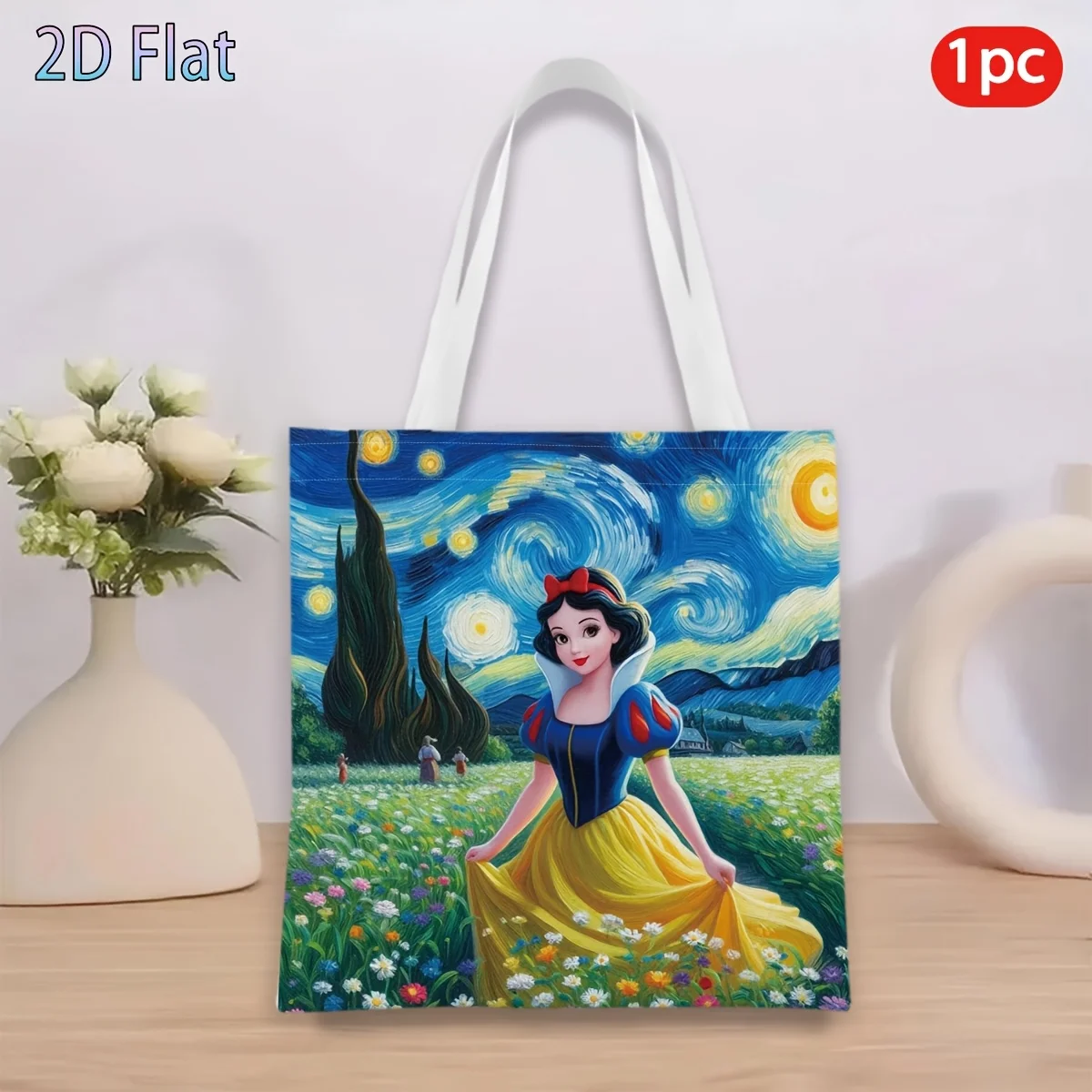 1pc Snow White Starry Night Van Gogh Style Print Tote Bag, r