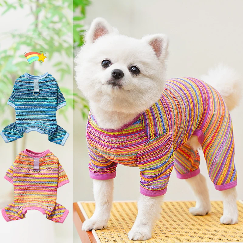

Summer Fashion Strips Hollow Dog Clothes Breathable Mesh Outdoor Walking Overalls Jumpsuit with D-Ring Teddy Chihuahua Clothing