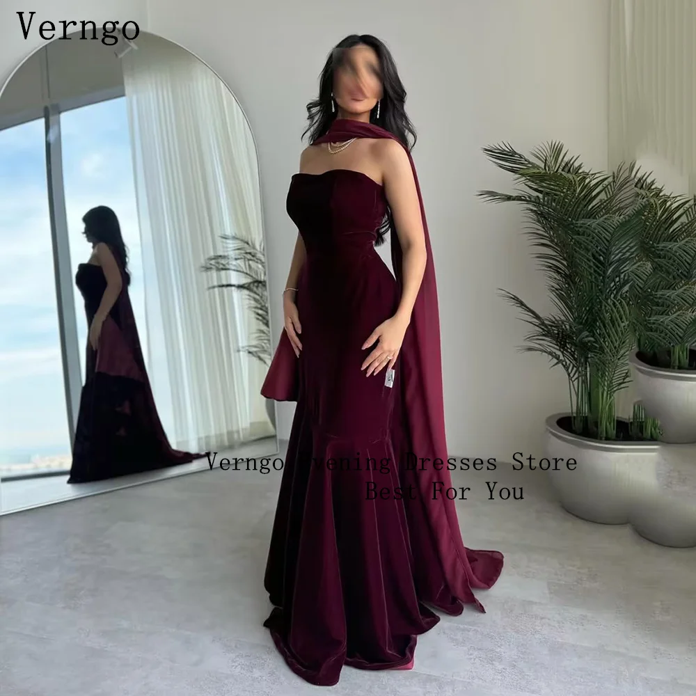 

Verngo Burgundy Elegant Evening Dress Strapless Mermaid Arabic Prom Party Dress Floor Length Pleat Prom Gown Customized