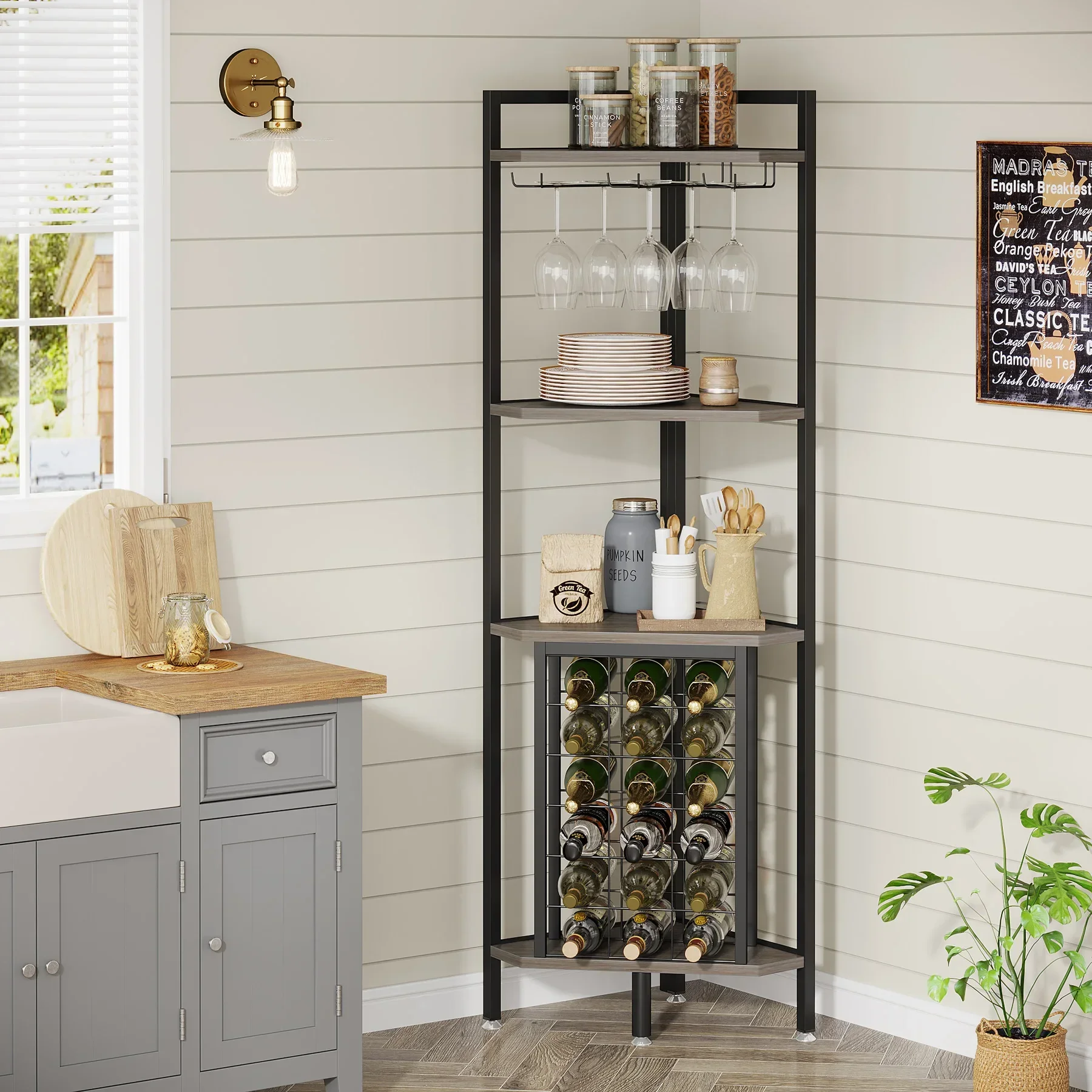 

Corner Wine Rack w/Glass Holder & Storage shelves, Industrial 4 Tier Corner Bar Freestanding Floor Wine Rack, Corner Wine Shelf