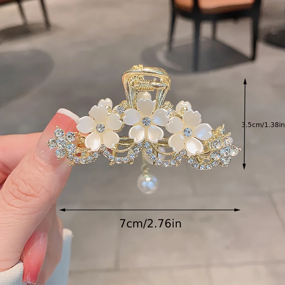 1pc Faux Pearls Tassel Hair Clip, Crystal Flower Hair Claw Small Grab Clip Crystal Flower Shape Metal Hair Clip For Women