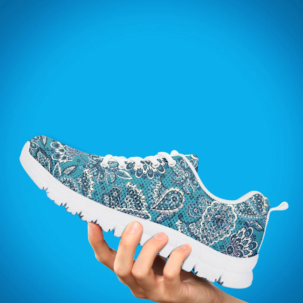 INSTANTARTS White Womens Causal Sneakers Boho Pasiley Floral Prints Lightweigh Air Mesh Falt Shoes Lace Up Footwear For Girls