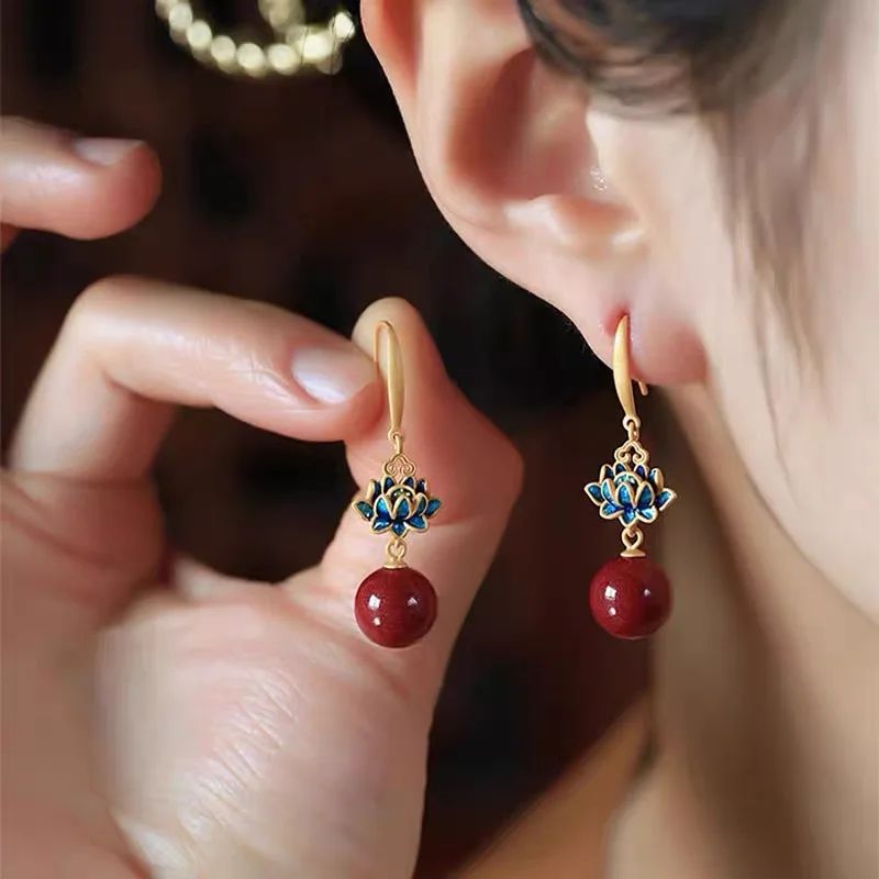 

Natural Lotus Flower Earrings for Women Round Beads Chinese Style Retro Southern Red Tourmaline Earings Classical Jewelry Gifts