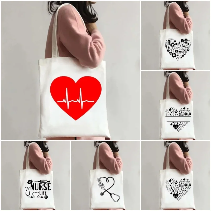 Medical Art Nurse Tote Bag Stethoscope Print Canvas Shoulder Bag Eco-Friendly Shopping Tote for Healthcare Professionals Fashion