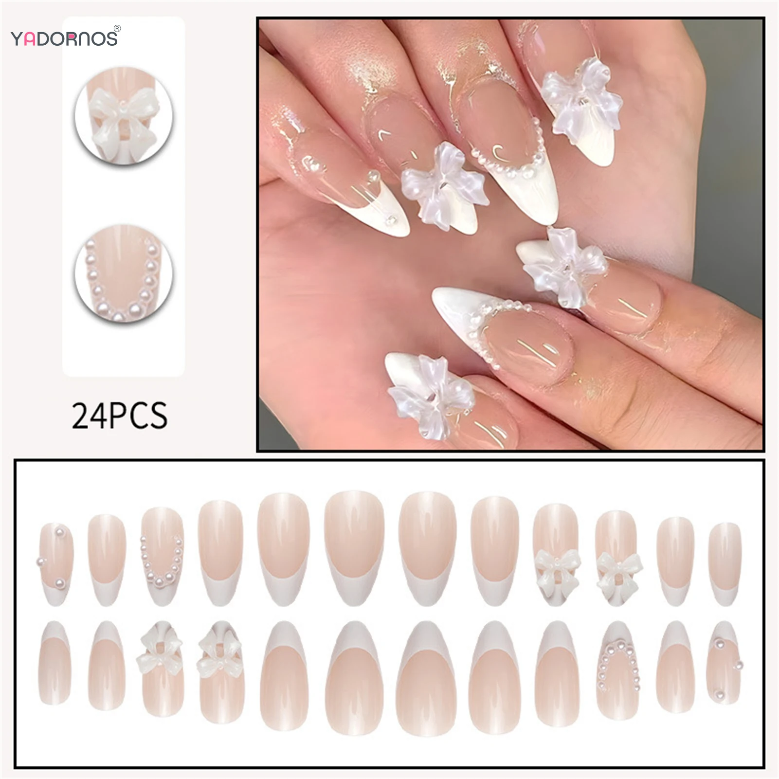 White French Style Fake Nails Almond Press on Nails 3D Bowknot Pearls Designs Women False Nails Elegant Charms Manicure 24Pcs