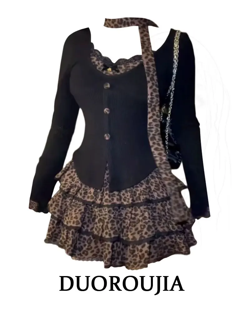 

plus Size Spring Autumn Leopard Print Patchwork Cake Short Skirt Sexy Ensemble DUOR Big Size Women's Fashion Set High Waist