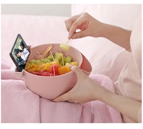 

Creative Lazy Snack Bowl Double-Layer Snack Kitchen Storage Box Fruit Filter Bowl Drain Plate with Mobile Phone Holder