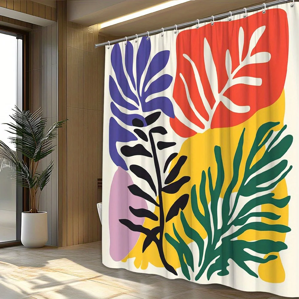 Abstract Palm Leaf Illustration Shower Curtain 1pc with 12 Hooks for Bathroom Home Decor Polyester 2D Flat Print 70.8x70.8 Inch