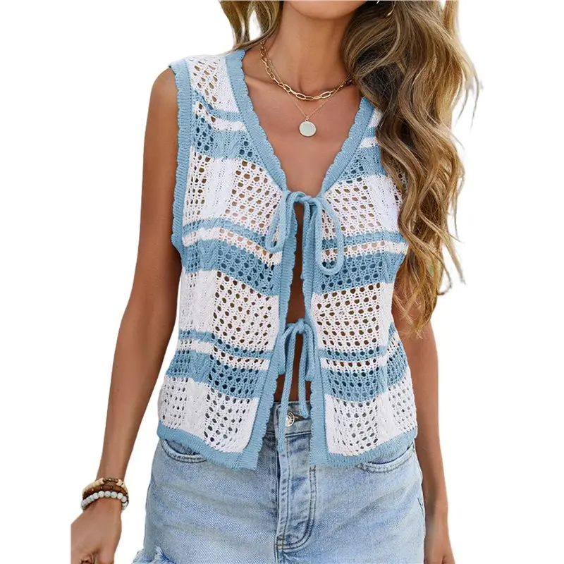 

Женский вязаный жилет без рукавов в полоску с V-образным вырезом и завязками спереди, крючком связанная майка-топ