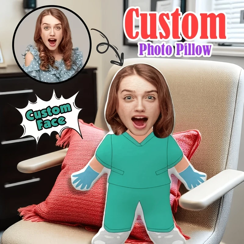 1pc - Customized Throw Pillow, Staff Portrait Cushion with Green Scrubs And Gloves. Upload Personal Photos to Customize Face. Wa