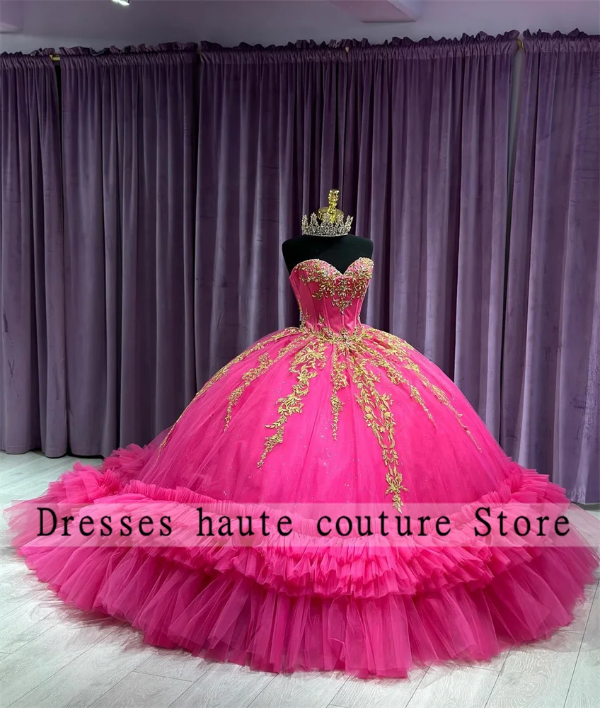 Hot Pink Tulle Quinceanera Dresses 2024 Sweetheart Gold Lace Appliques Sweet 16 Dress Elegant Birthday Dress vestido