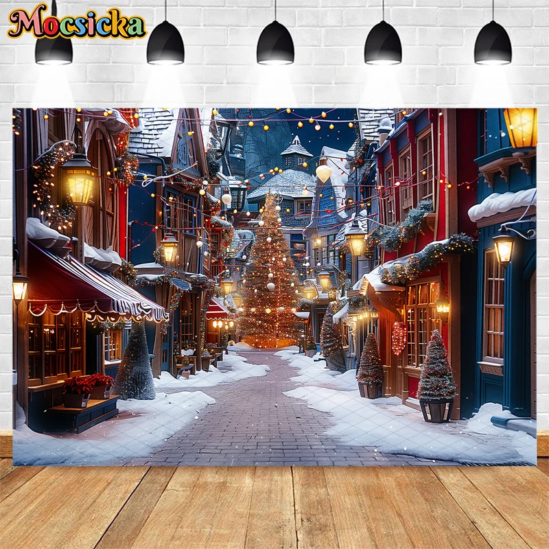 Mocsicka Christmas Night Street Backdrop For Adult Kids Portrait Photography Happy New Year Xmas Tree Lights Decor Background