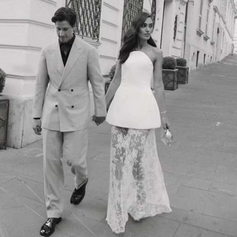 Vestido de novia blanco sin tirantes con falda de encaje, Top peplum, vestido de cóctel de corte A, vestido de fiesta hasta el suelo a la moda para vestido de fiesta