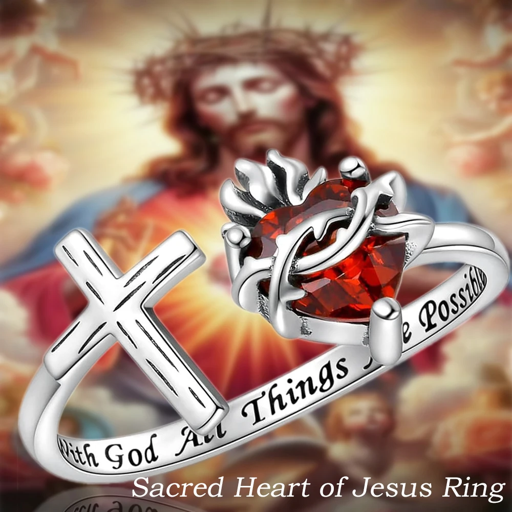 1Pc exquisite Jesus Sacred Heart Cross Open Ring for Women Pious Blessing Faith Jewelry Accessories - Christian Perfect Gift