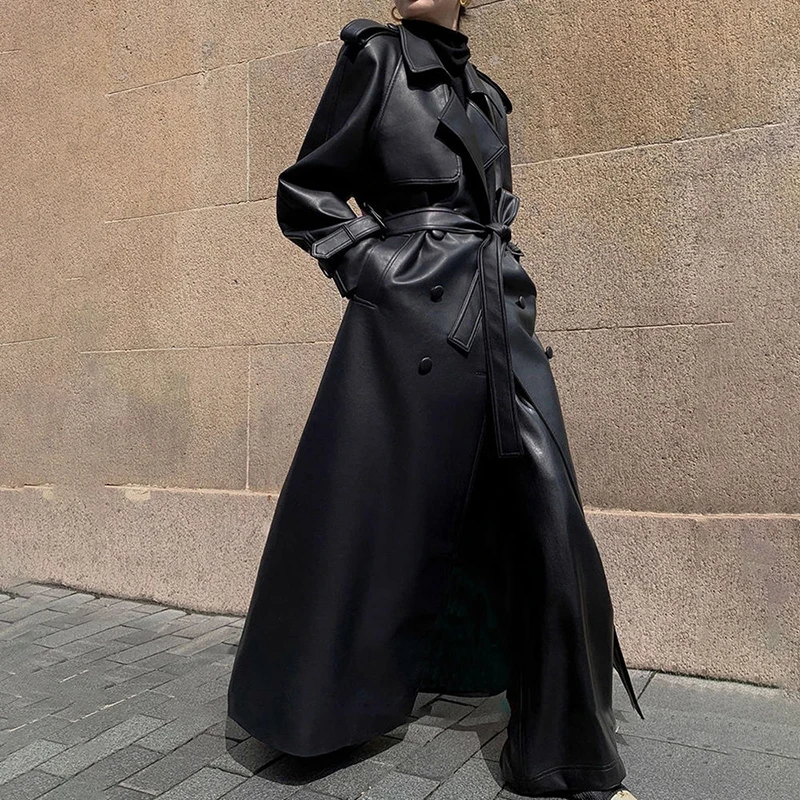 Long Leather Windbreaker Women Black Versatile Waist Overcoat Spring Fall Retro Fashion PU Leather Coat New loose Trench Jacket