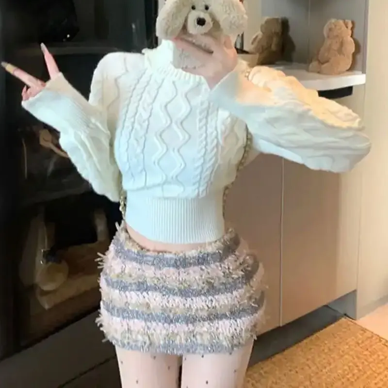 Pakaian Wanita Pullover Rajut Pendek Kerah Tumpuk Modis Warna Solid Musim Gugur Musim Dingin Kasual Lengan Panjang Sweater Vintage