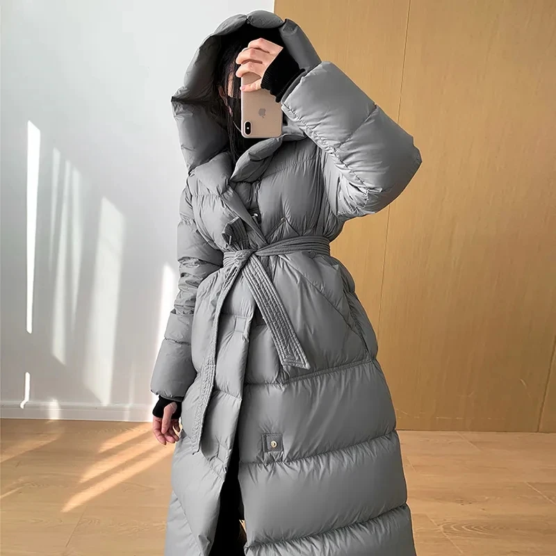 Doudoune longue à capuche pour femme, Parka chaude épaissie, Veste matelassurera moelleuse à lacets, Haut de gamme, Hiver, Mode féminine, 90%