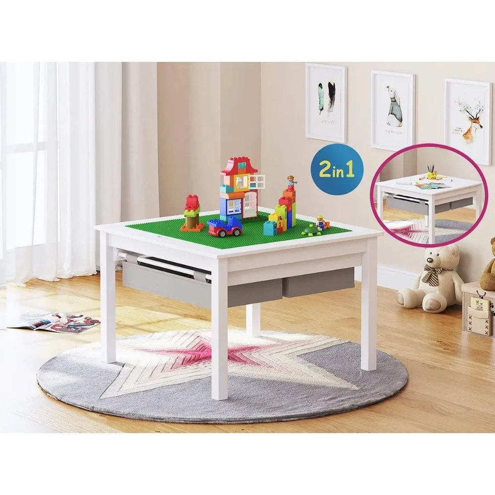 Wooden 2 in 1 Kids Construction Play Table and 2 Chairs Set with Storage Drawers, and Built in Plate Compatible