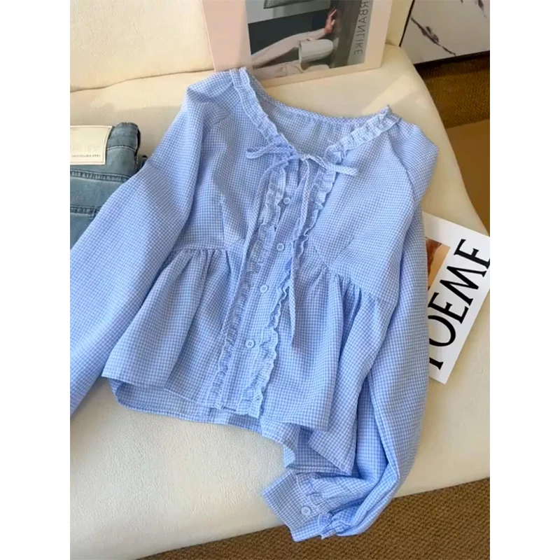 

Свободные длинные женские корейские брюки Sve irt, дизайн с рюшами, антивозрастной синий цвет, осеннее новое поступление, V-ne, полосатый...