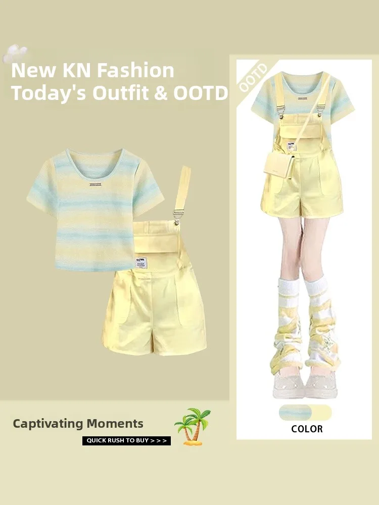 Completo estivo da donna, top ort Sve e simpatica tuta gialla dopane, set da due pezzi, abbigliamento in fibra di poliestere