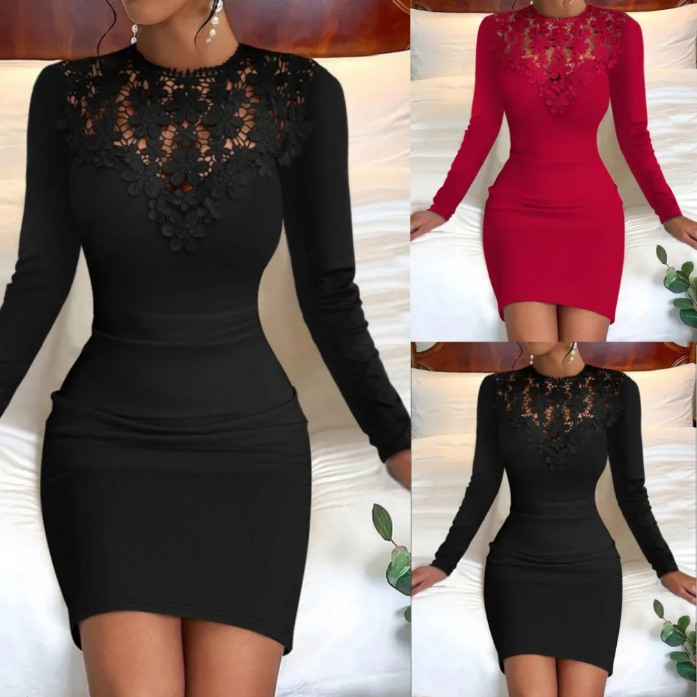 Women Sexy Lace Splicing Slim Mini Dress Autumn Winter Office Lady Elegant Red Long Sleeve Party Dresses Female Bodycon Dresses