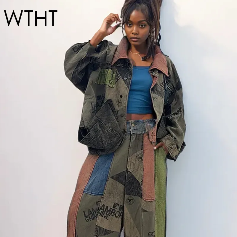 

WTHT Винтаж 2025 летняя женская лоскутная куртка с отложным воротником, новое однобортное свободное пальто с длинными рукавами, женское 1LS1386