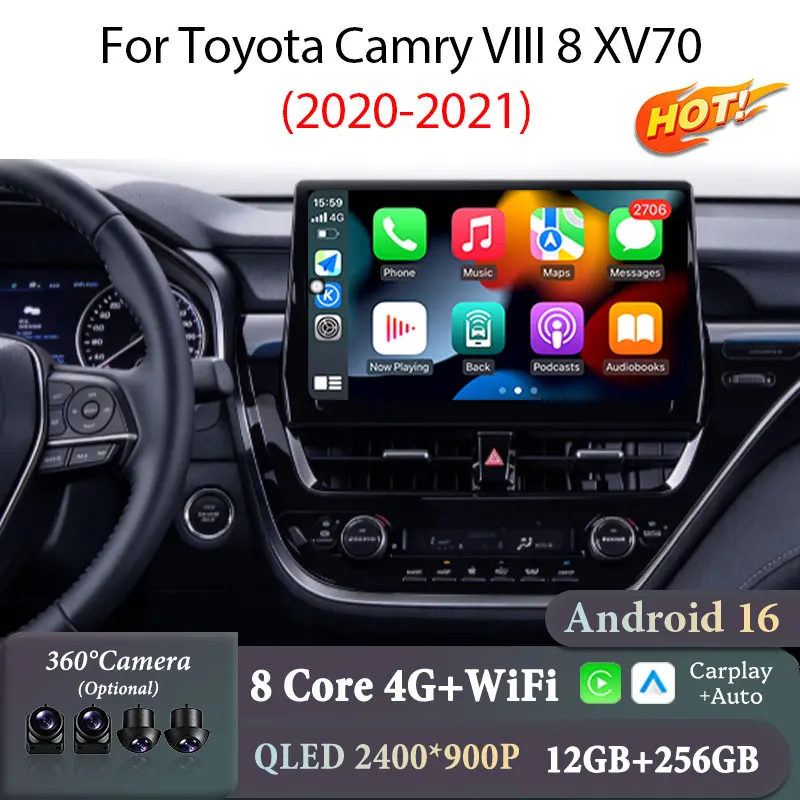 10 inch For Toyota Camry VIII 8 XV70 2020-2021 GPS Navigation Android 16 (OS) Wireless CarPlay Android Auto Accessories QLED IPS