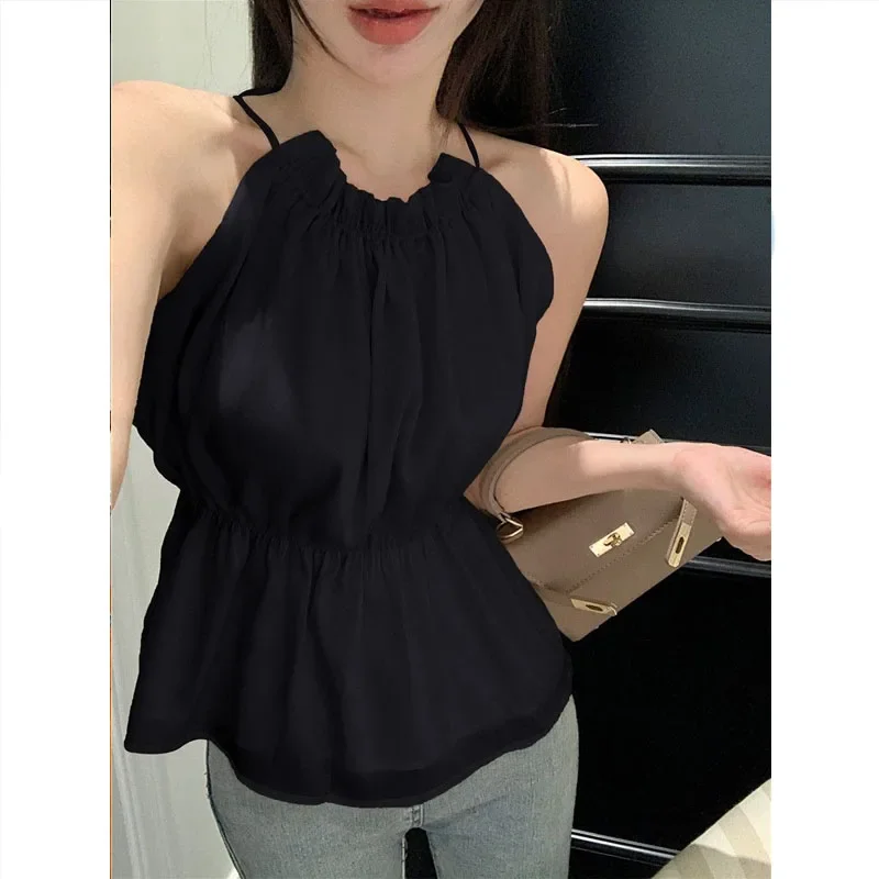 

Temperament Lace Chiffon Sleeveless Halter Tops Women Summer Pleated Corset Off Shoulder Sling Solid Color Word a Vest Tops