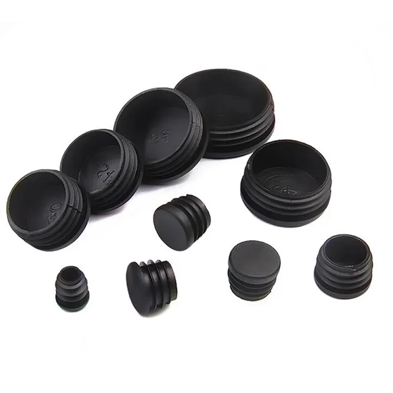 Black Plastic Round Pipe End Caps 12~100mm Dustproof Tube Protectors, Also Used as Furniture Leveling Feet