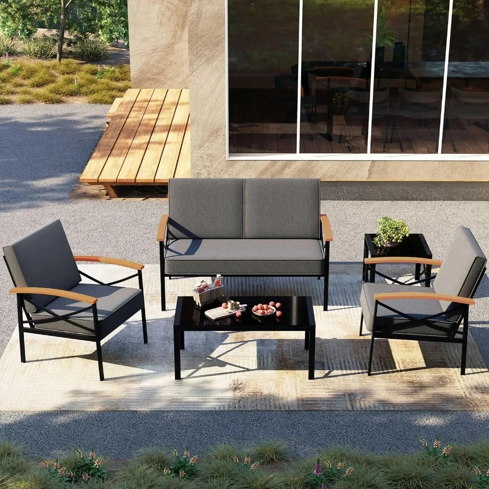 

5 Piece Outdoor Patio Furniture Set, Metal Sofa Conversation Set, Including Loveseat, Two Single Chairs and Two Coffee Tables