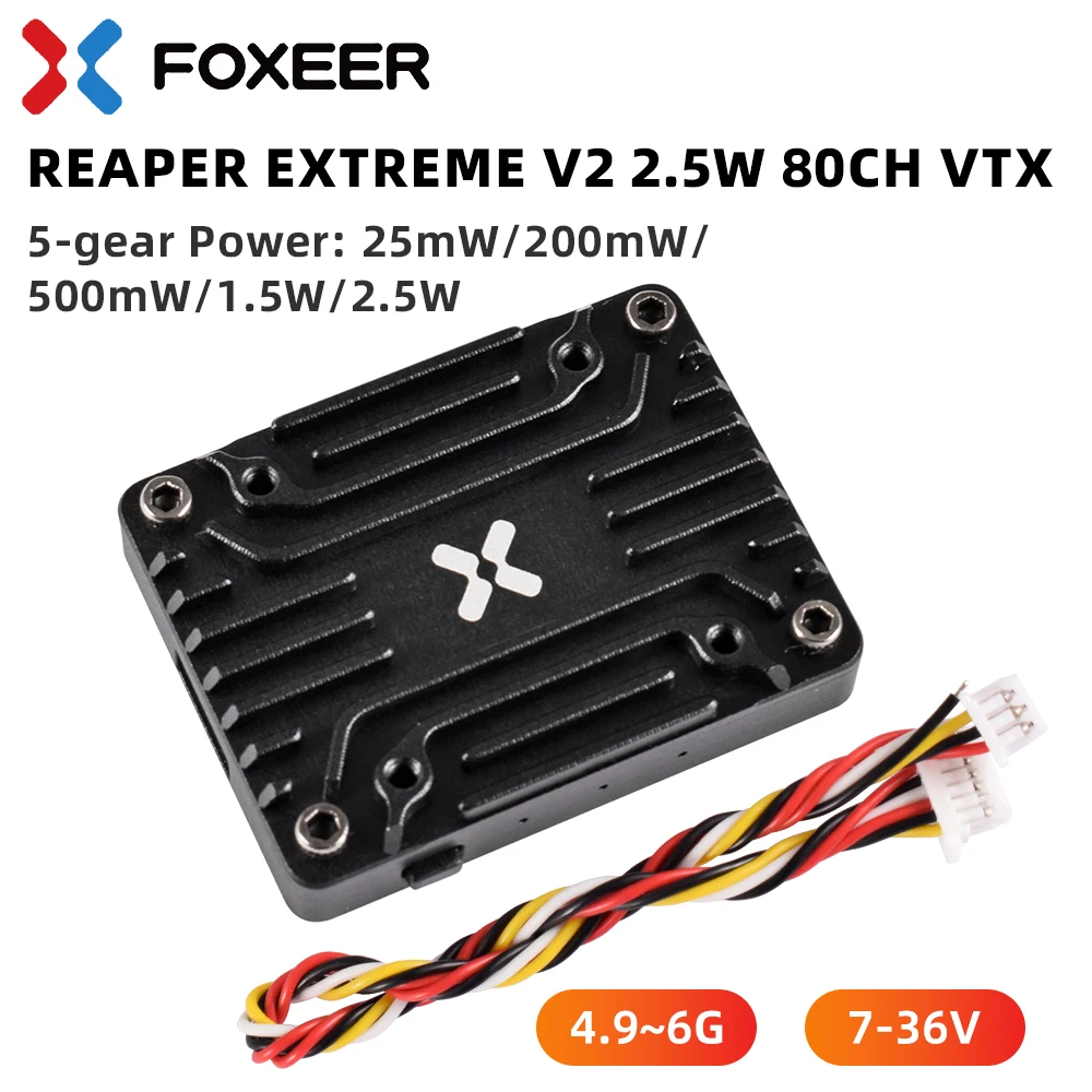 

Foxeer 6G Reaper Extreme V2 2.5W High Power 80CH VTX FPV Video Transmitter with CNC Shell Built-in Mic for RC FPV Long Rang