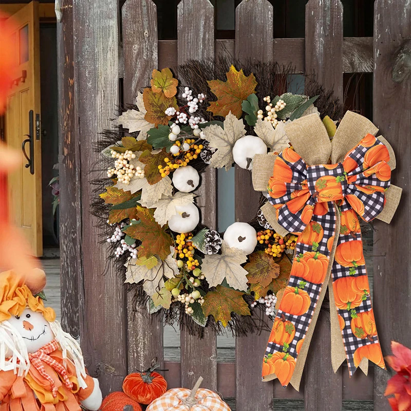 1Pc Fall Wreath Bow Thanksgiving Wreath Bow Pumpkin Orange Bowknot Farmhouse Tree Topper Decoration Autumn Harvest