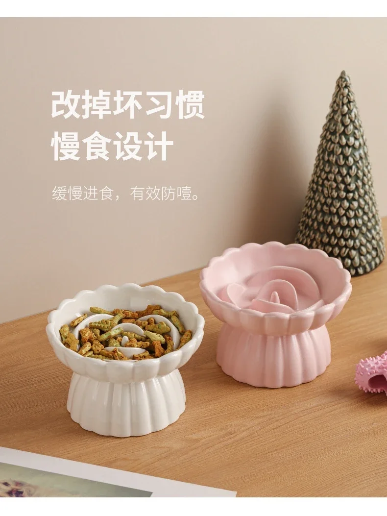 Ceramic pet Flower  Anti-choking slow food Tall cat bowl Neck protection Anti-vomiting cat food