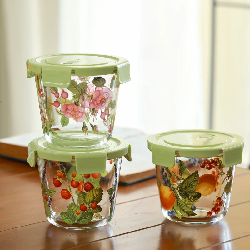 

Glass Preservation Bowl 600ml French Flower Retro Round Sealed Food Sub-box Refrigerator Storage Container with Lid Scale Bowl